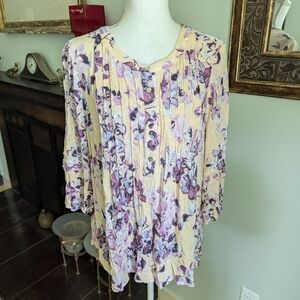 J.Jill MPetite Pintucked Bell Sleeve Floral Blouse Purple Peach 3/4 Sleeve 113